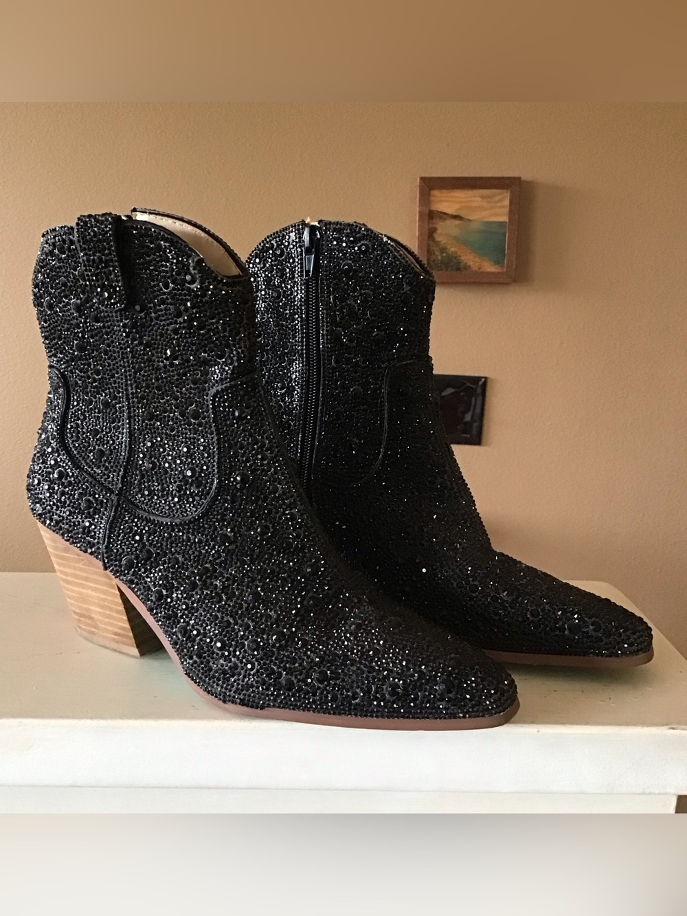 Betsey Johnson Diva Black Rhinestone Boots Size 7.5